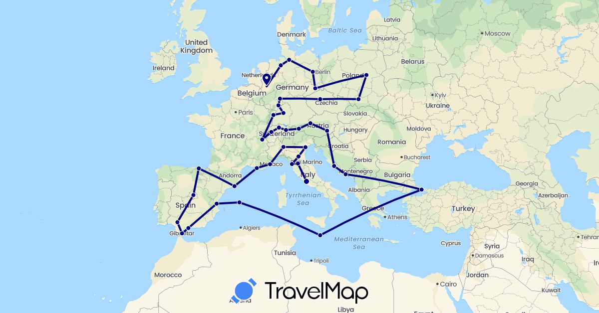 TravelMap itinerary: driving in Austria, Switzerland, Czech Republic, Germany, Spain, France, Gibraltar, Croatia, Italy, Liechtenstein, Malta, Poland, Turkey (Asia, Europe)